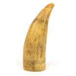 Scrimshaw whales tooth decorated with a lady and gentleman, 14.5cm high