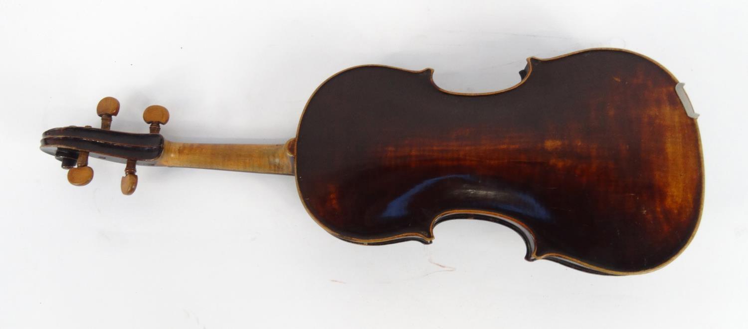 Old wooden violin and a bow with mother of pearl frog, the violin 59cm long - Image 12 of 20