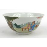 Oriental Chinese porcelain bowl hand painted with children and figures, character mark to base, 17.