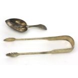 Georgian silver caddy spoon, Birmingham 1807, and a pair of Georgian Irish silver sugar nips,