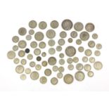 Collection of predominantly silver coinage including 1889 crown, 1890 double florin, half crowns,