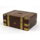 Victorian rosewood brass bound workbox with carrying handle, 13cm high x 30cm wide x 23cm deep