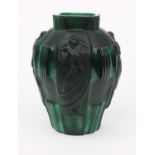 Art Deco malachite green glass vase decorated with ladies, 23cm high