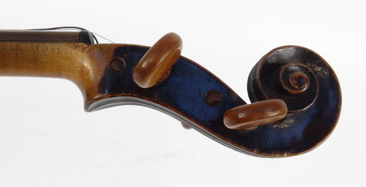 Old wooden violin and a bow with mother of pearl frog, the violin 59cm long - Image 9 of 20