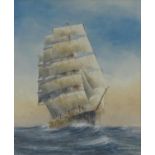 Ron Farmer - Watercolour of a rigged sailing ship in a stormy sea, contemporary mounted and