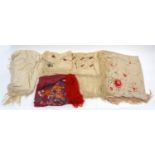 Five assorted lady's silkwork shawls four with embroidered decoration , largest 120cms x 120cms