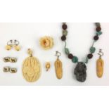 Assorted vintage jewellery including two pairs of ivory necklaces, natural turquoise and carved