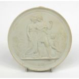 Circular Royal Copenhagen Parian ware plaque decorated with a harvesting scene, 14cm diameter