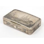 Russian black niello ware silver snuff box decorated with palaces, stamped CK 84, 8cm diameter
