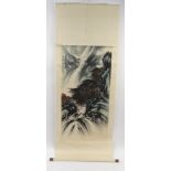 Puru Chinese coloured scroll with a view of a temple hidden in the mountain with waterfall, signed