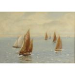 Charles Mottram - Newlyn style watercolour of rigged boats at sea, dated 08, label to the reverse,