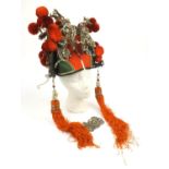 Vintage Edwardian oriental Chinese leather beaded theatrical headdress with pompoms, 34cm diameter