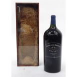 Jeroboam bottle of Rickety Bridge Winery Pinotage 2001 in a pine case, the case 69cm high