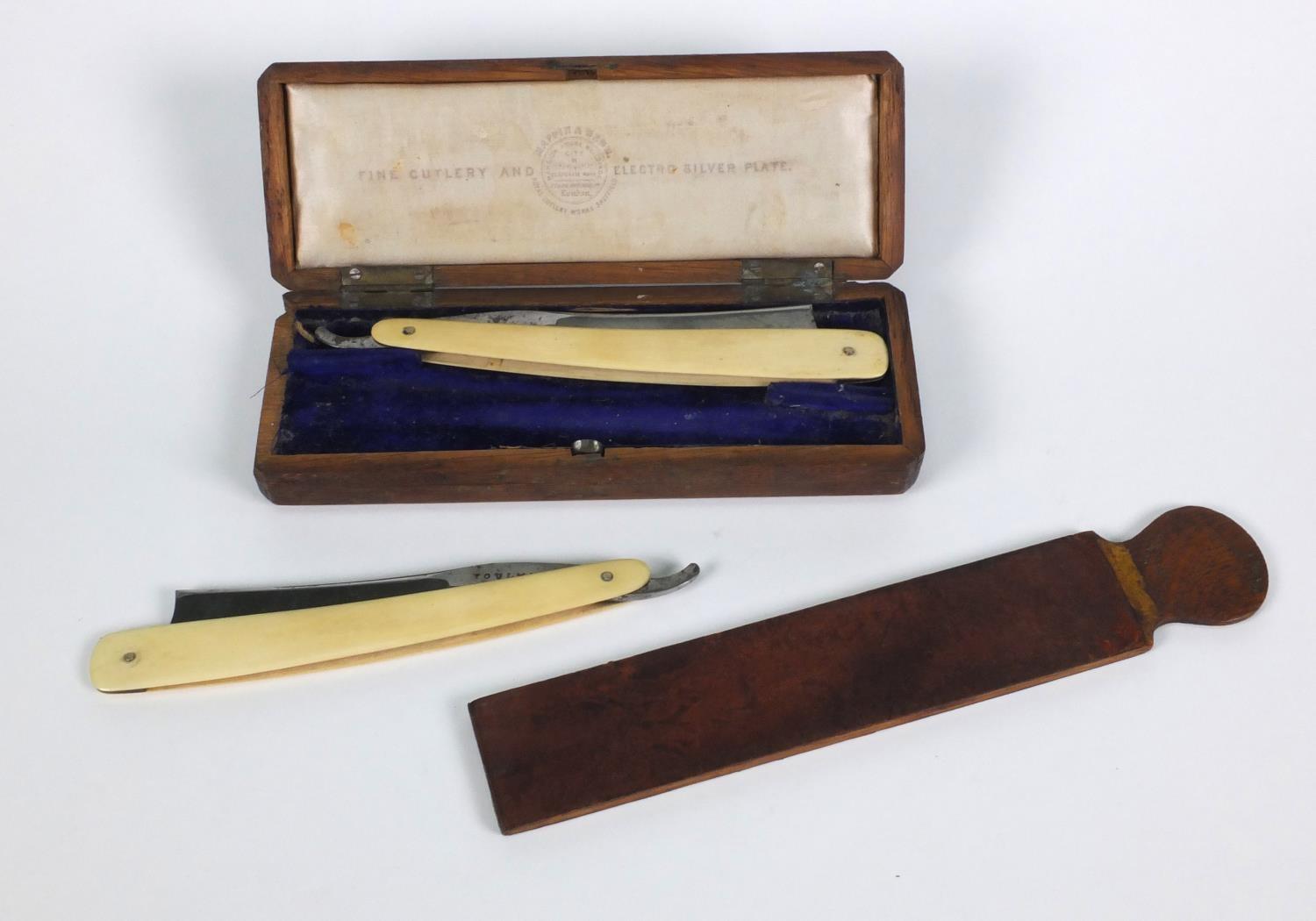 Mappin & Webb oak cased set of two gentleman's ivory handled cut throat razors, Toulmin & Gale,