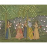 Middle Eastern painting onto silk of figures and tree's, 87cm tall