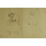 Two pen and ink drawings - one of a nude female, one of females seated in a chair, bearing a