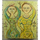 Oil onto canvas modern primitive of dancing ladies, signed Capisli?, 81cm x 71cm There are three 5cm