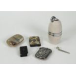 Boxed Poppell Art Deco table lighter, mother of pearl vesta, silver plated vesta and two snuff