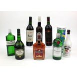 Group of assorted alcohol including Malibu, Gordons Gin, Martel V.S.O.P. Old Fine cognac, sherry,