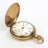 Gold plated Waltham full hunter pocket watch with engraved floral decoration, 5.5cm diameter