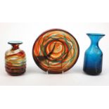 Two Mdina glass vases, together with a Mdina glass dish, the largest 18cm high All in generally good