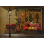 Deborah Jones - Oil onto board view of an exterior of a flower shop, signed, contemporary mounted