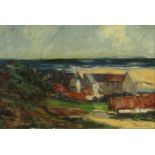 Oil onto board of a view from a hillside overlooking a seaside town, bearing a signature Dunlop,