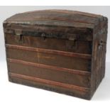 Large wooden and metal dome topped trunk with lift out tray and 'Paris' label to the lid, 66cm