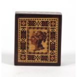 Victorian wooden Tunbridge ware stamp box decorated with a bust of Queen Victoria, 4cm x 3.5cm