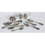 Silver heart shaped jewel box, seven silver Victorian and later spoons and a pair of silver salt and