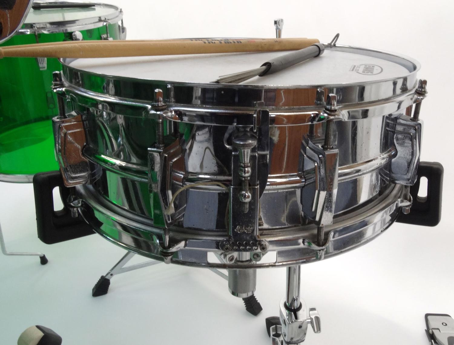 Five piece 1970s Ludwig green Vistalite drum kit comprising 22inch base drum, 12 and 14inch toms, 16 - Image 18 of 21