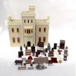 Large dolls' house castle with accessories, wired for electric use, 98cm high x 90cm wide x 38cm