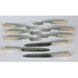 Set of six silver mother of pearl forks and three knives, GH Sheffield 1912, the knives 18cm long