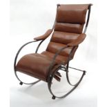 Robert Winfield design rocking chair with steel frame and brown leather upholstery, 99cm high