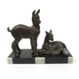 Art Deco bronze sculpture of deer on a black marble base, signed Rochade, 44cm high