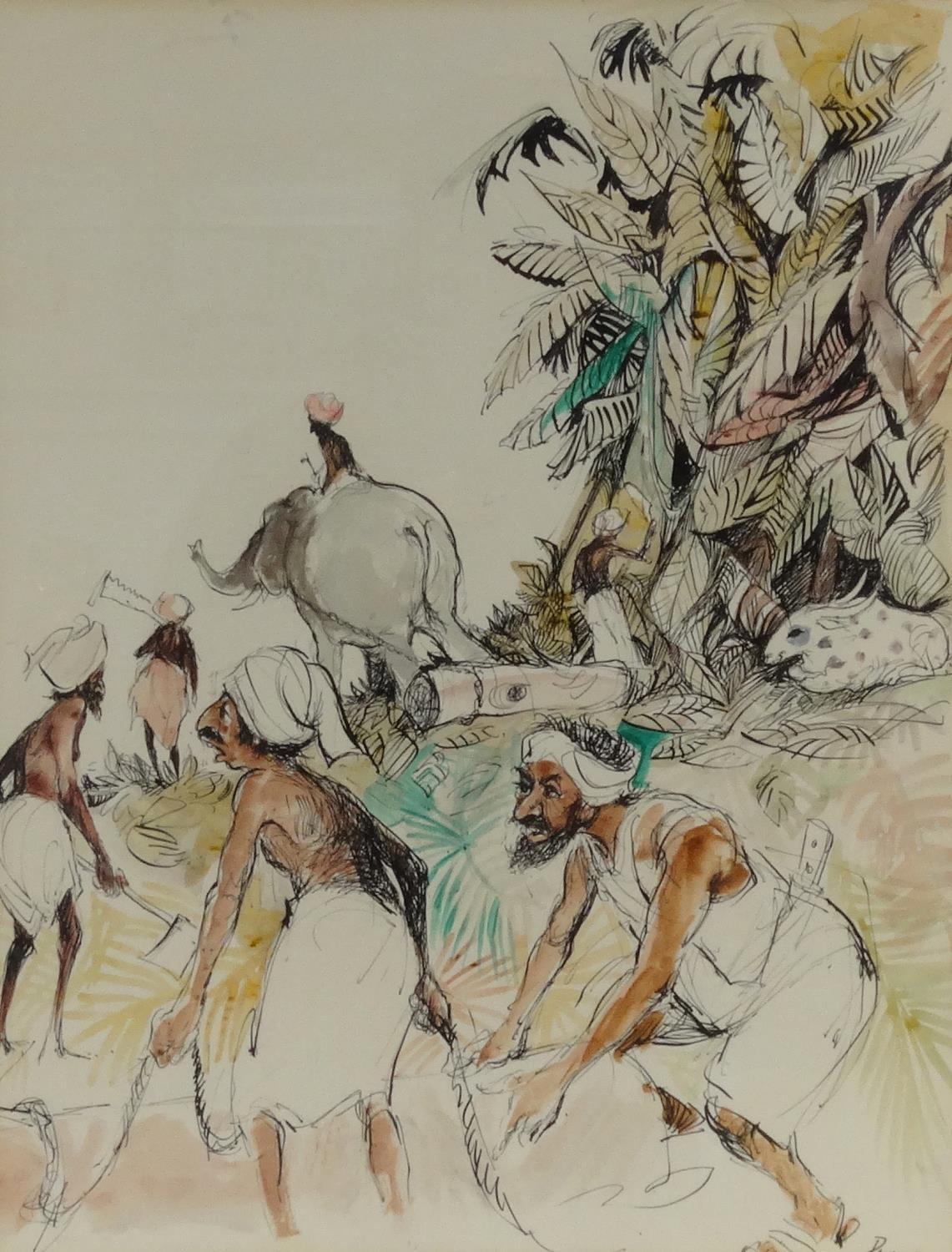 Pen and ink of a jungle scene with elephants, mounted and framed, with Penns Gallery label to the