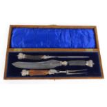 Levesley Brothers Sheffield horn handled carving set with silver finials, Sheffiedl 1897-98, in a