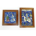 Two Middle Eastern Persian hand painted pottery tiles - one with a figure on horseback, one with a