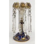 Victorian blue overlay floral gilt glass lustre with clear glass drops, 30cm high