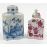 Continental porcelain tea caddy hand painted with flowers, together with a hand painted Delft