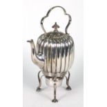 Silver plated fluted teapot on stand with burner, 20.5cm high