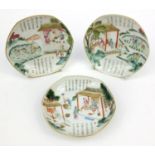 Three oriental Chinese porcelain dishes hand painted with panels of figures and script, character