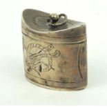 Silver caddy shaped box with hinged lid, indistinct marks, 3.5cm high