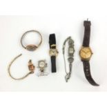 Two lady's 9ct gold wristwatches, 14ct gold Hamilton wristwatch, two marcasite watches and a Tegra