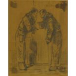 Alfred Grevin - Pencil sketch of two gentlemen acknowledging each other, Stacy Marks label to the