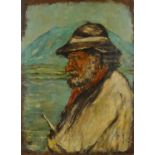 Unframed oil onto panel of an old man beside a river before a mountain, bearing a signature Paul