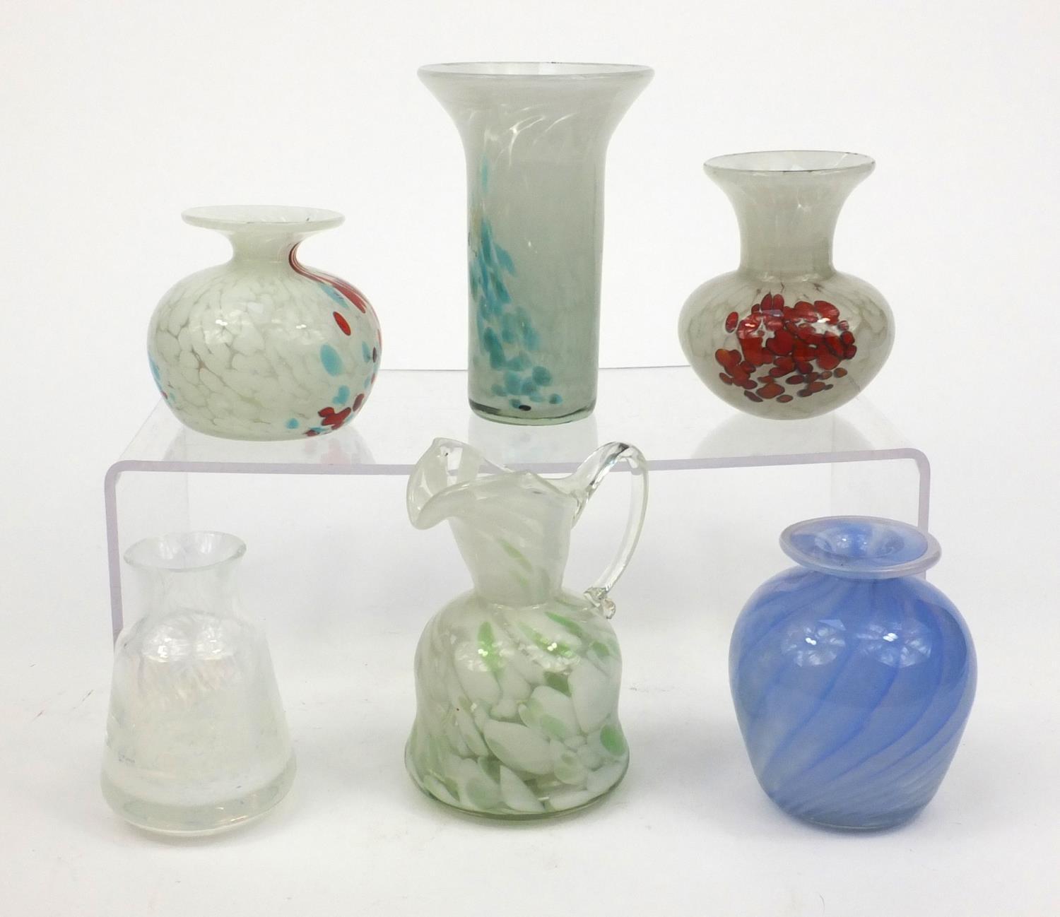 Group of Mdina colourful glassware including vases and a ewer, the largest 14cm high