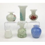 Group of Mdina colourful glassware including vases and a ewer, the largest 14cm high