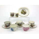 Selection of Newhall coloured transfer printed cups and saucers, an Omberstey teapot stand,