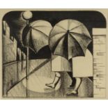 Elizabeth Hammond - Pen and charcoal drawing titled 'Umbrellas', contemporary mounted and framed,